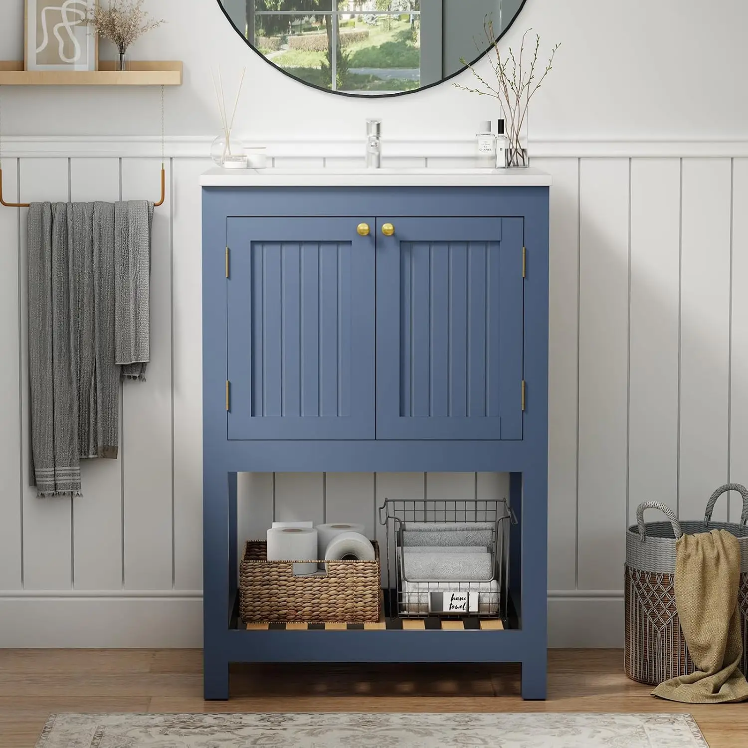 24 Inch Bathroom Vanity with Sink, Modern Bathroom Sink Cabinet with Open Shelf, Ceramic Basin, Blue, Customized