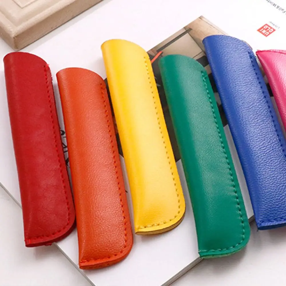 PU Leather Pen Pouch One Pen Protective Holder Solid Color Lightweight Stationery Pen Bag Office School Supplies