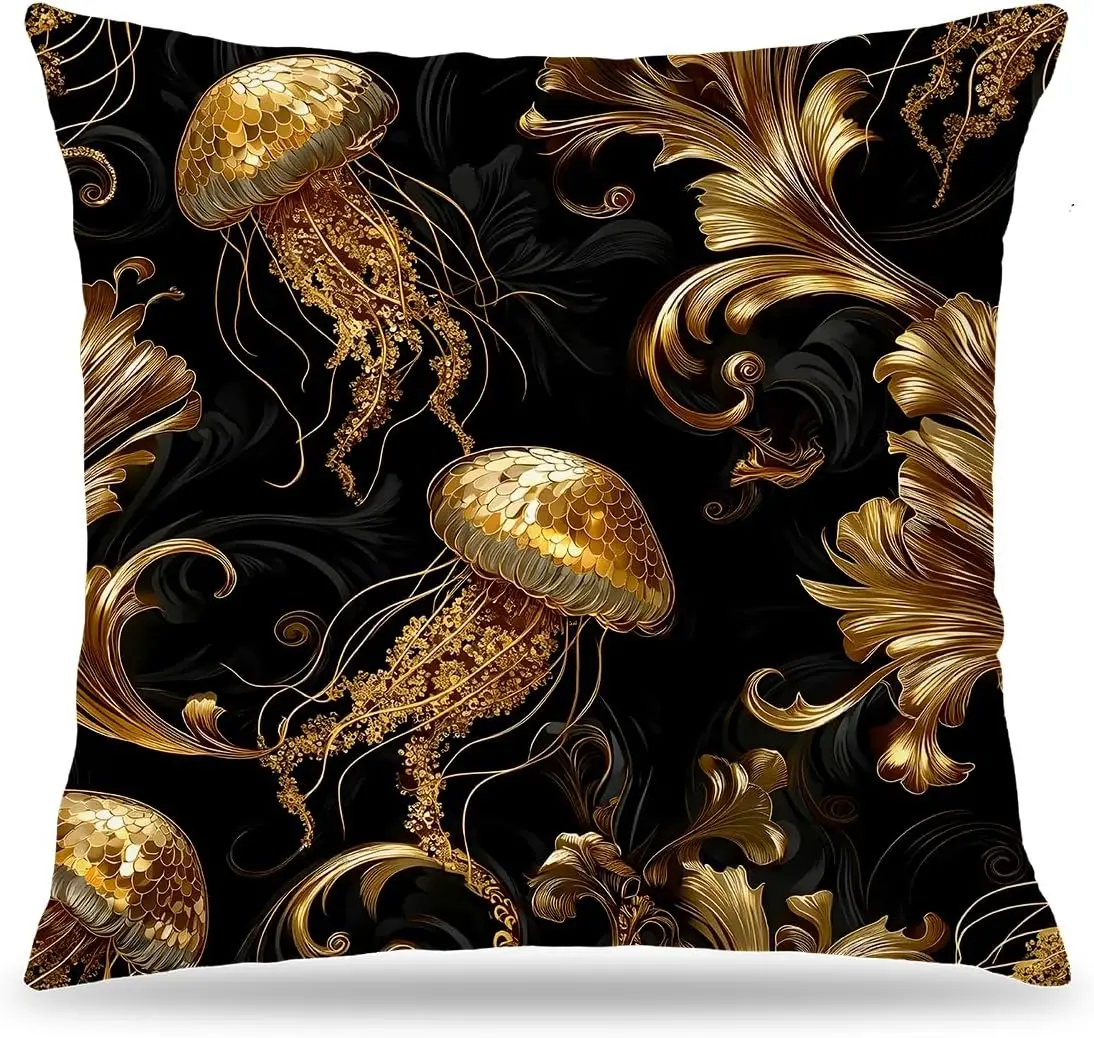 Vintage Baroque Jellyfish Black and Gold Throw Pillow Cover 18x18  Luxury Home Room Decor, Nautical Ocean Acanthus Decorative