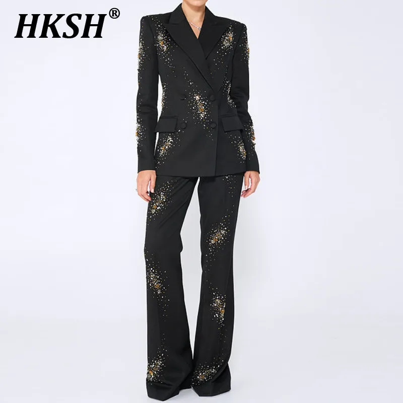 

HKSH 2024 Autumn New Women's Tide Fashion Suit Heavy Industry Nail Bead Hot Stamping Jacket Long Pants Two-piece Sets Chic H2724