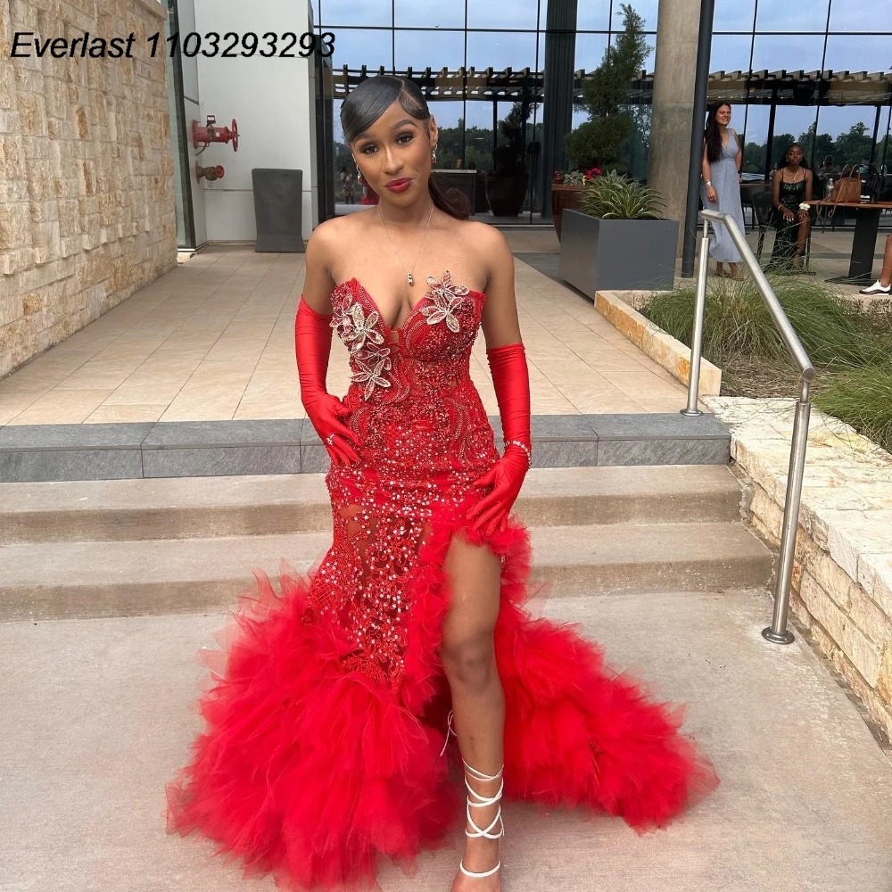 EVLAST Customized Sexy Black Girls Sequins Red Prom Dress Crystal Beaded High Slit Ruffles African Party Aso Ebi Gown TPD177