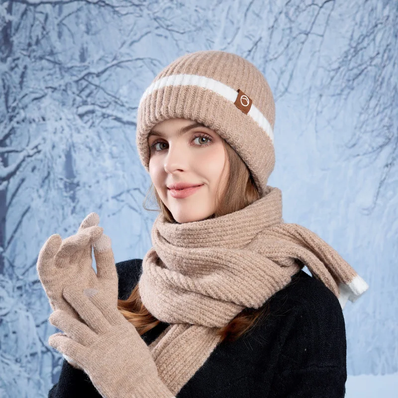 Women Winter Hat Scarf Gloves Set Fashionable Ear Protection Coldproof Warm Knitted Hat for Men Outdoor Ski Beanies