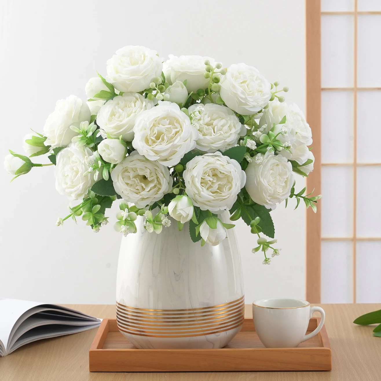 Artificial Decorative Flower, Fake Silk Peony, Faux Plastic Bouquet Flower Arrangement for Home Wedding Party Decor
