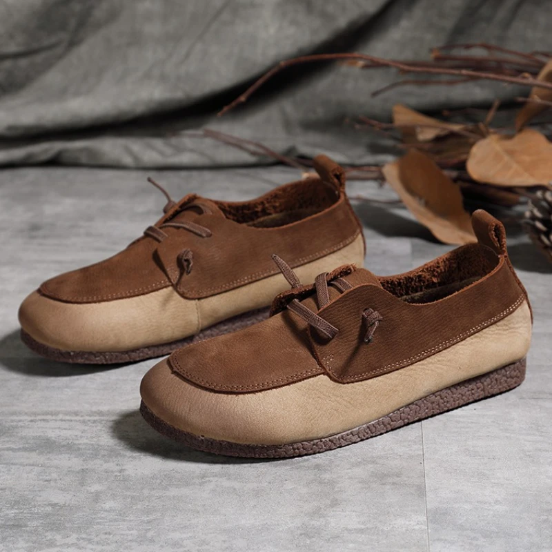 

Fashion Lace Up Patchwork Sewing Design Flats Women High Quality Leather Loafers Cozy Outdoor Commute Office Shoe Zapatos Mujer