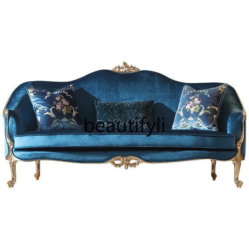 

French court blue velvet sofa beech retro luxury European fabric sofa