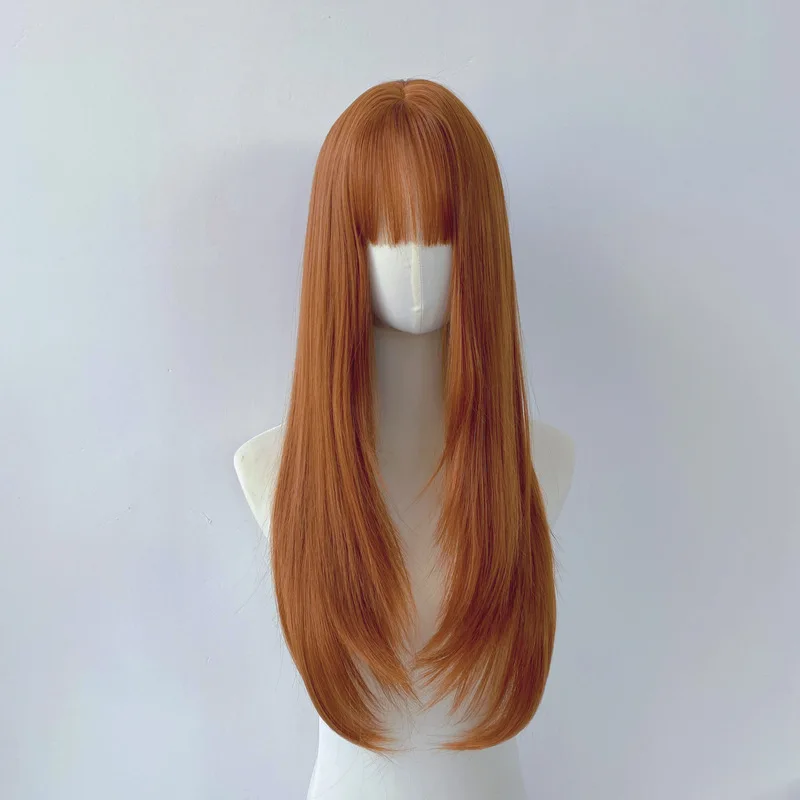 Trendy matte silk wig for women with air bangs, layered long straight hair, and rose net