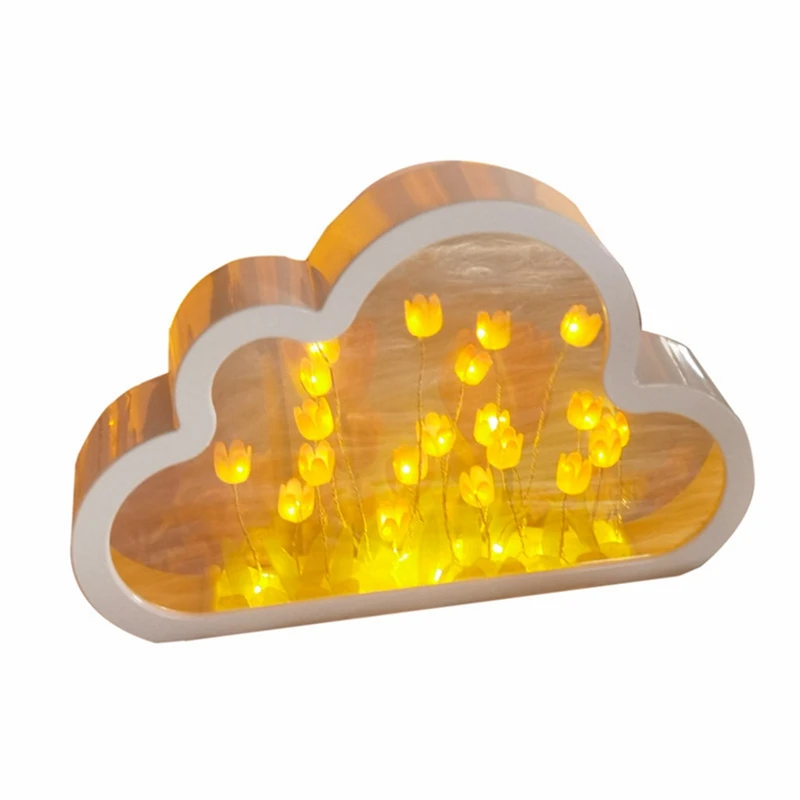 Luz de noche LED de tulipán de nube DIY, adornos de dormitorio de niña, marco de fotos, espejo, lámparas de mesa, mesita de noche hechas a mano