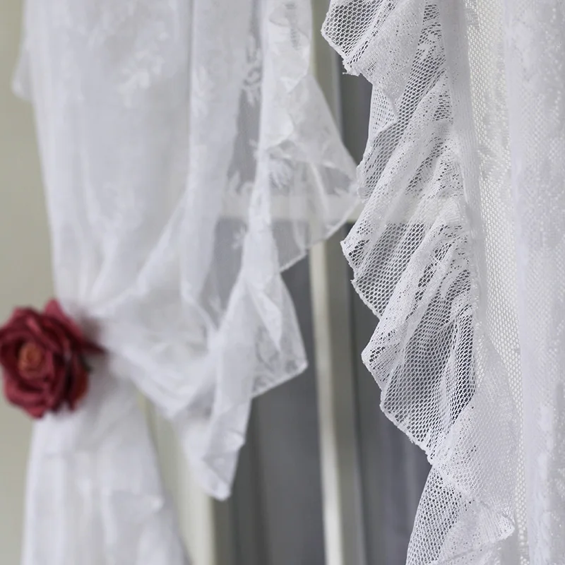 

Korean Lace White Gauze Curtains for Living Room Fabric Half Pure White Bay Window American Long Door Half Short Curtain