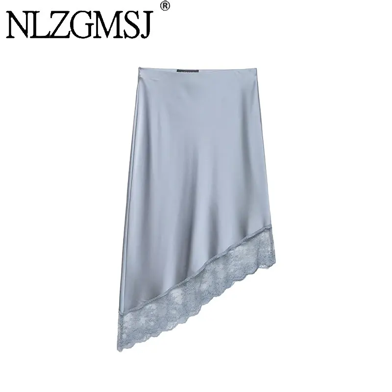 NZLGMSJ 2026 Frühling Schicker Damen Asymmetrischer Rock Einfarbiger Spitzenrock mit Reißverschluss Neue Mode Urlaubs- und Partyrock