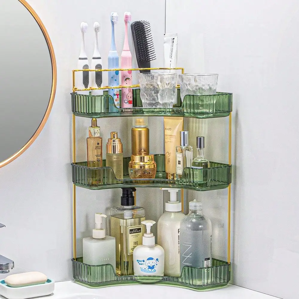

Органайзер для туалетного столика, 3-ярусный угловой органайзер для ванной комнаты с держателем для кистей для макияжа, угловое хранилище для ванной комнаты