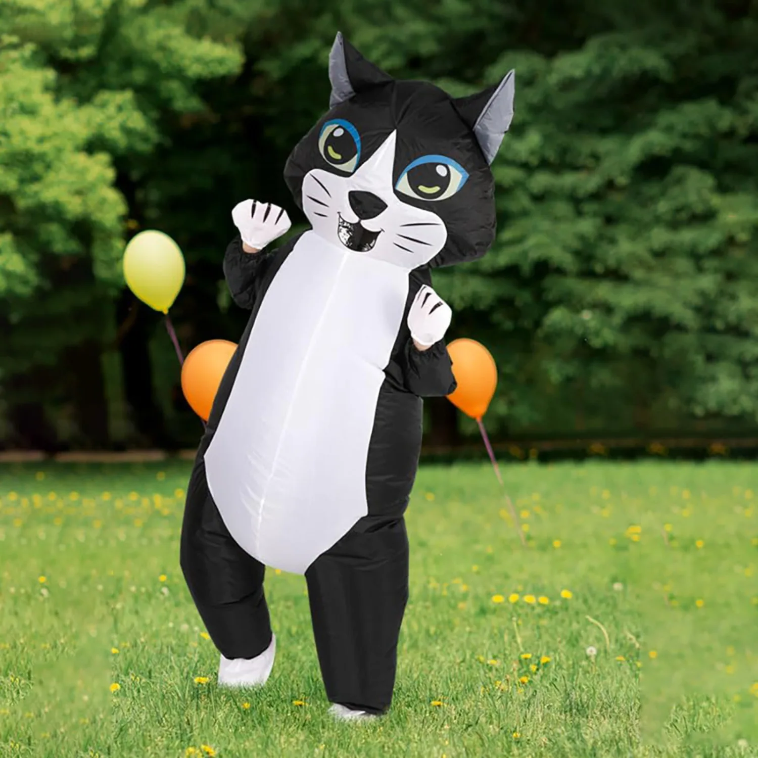 Inflatable Cat Costume Adult, Black White Funny Cat Blow Up Costume with Paws and Ears for Halloween Party, Dress Up Events view 3