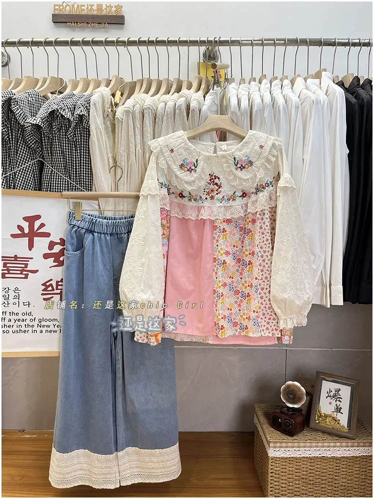 Japanese Girl Sweet Cute Doll Collar Long-sleeved Shirt Spring and Autumn Mori Embroidered Printed Lace Splicing Casual Blouses