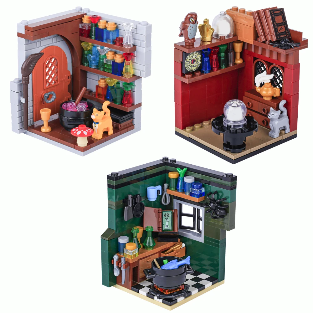 

MOC Medieval Wizard's Building Blocks - Library Bookshelf, Scroll Cabinet, Cauldron, Skeleton & Alchemy Lab Vignette Kit