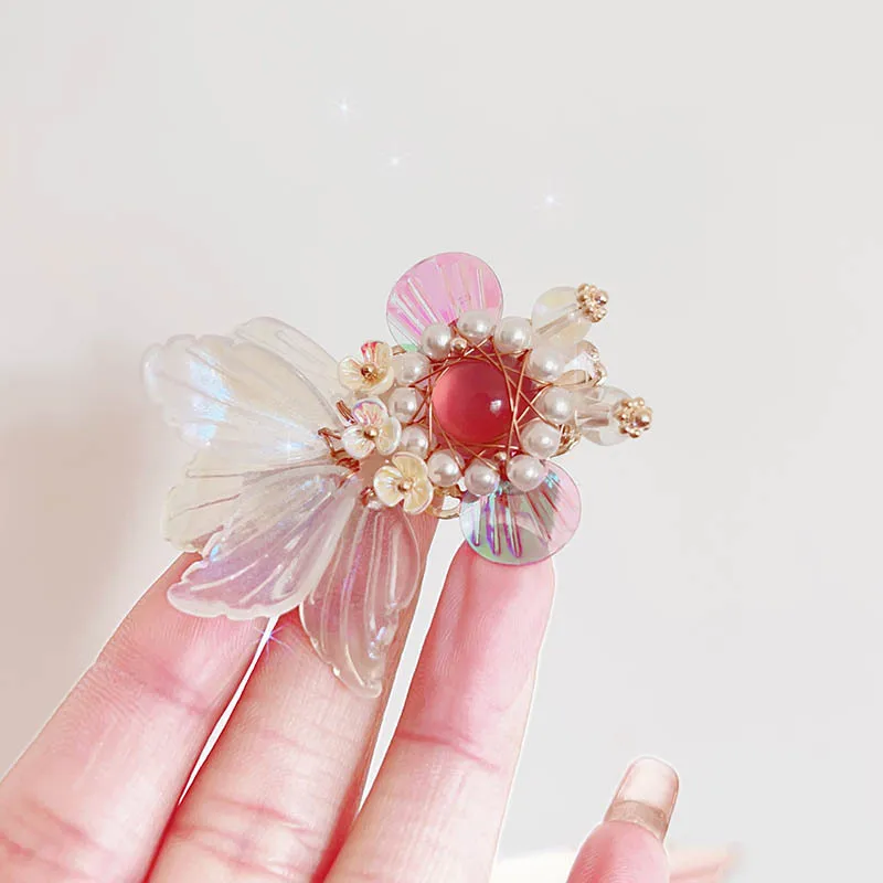 Cute side hair clips, children's Hanfu headwear with hair clips, high-end handcrafted colorful flower goldfish hair clips