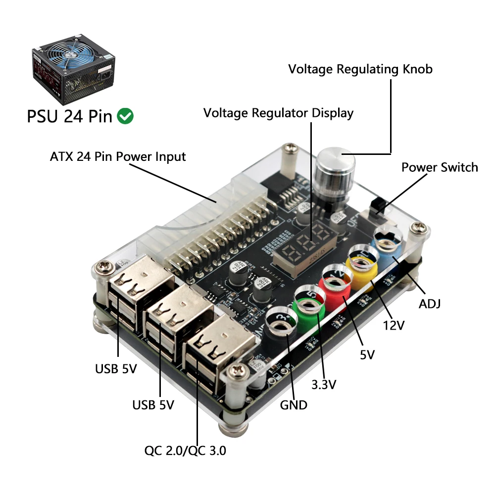 Zasilacz ATX Breakout Board Moduł zasilania 24-pinowy adapter Złącze regulowane pokrętło napięcia 6 portów USB 2.0 obsługuje QC2.0 QC3.0