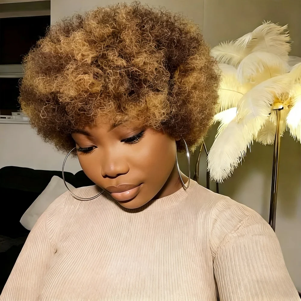 P427 Highlight Short Pixie Cut Wigs Human Hair Afro Kinky Curly Fluffy Bob Wigs 12A Brazilian Hair Full Machine Wigs 6 Inch