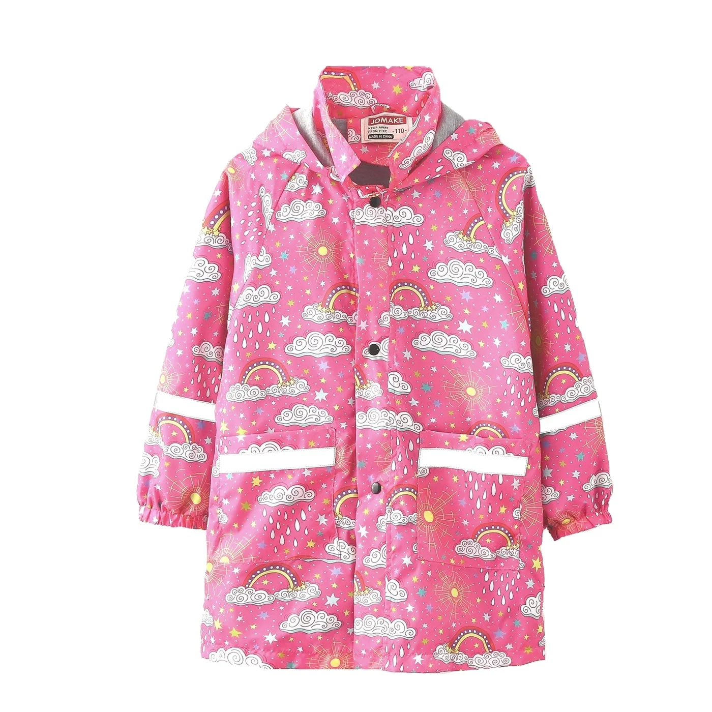 New Rainy Season Children\'s Raincoat Coat with Cute Print and Hat, Medium length with Pocket, Outdoor Water Play Jacket