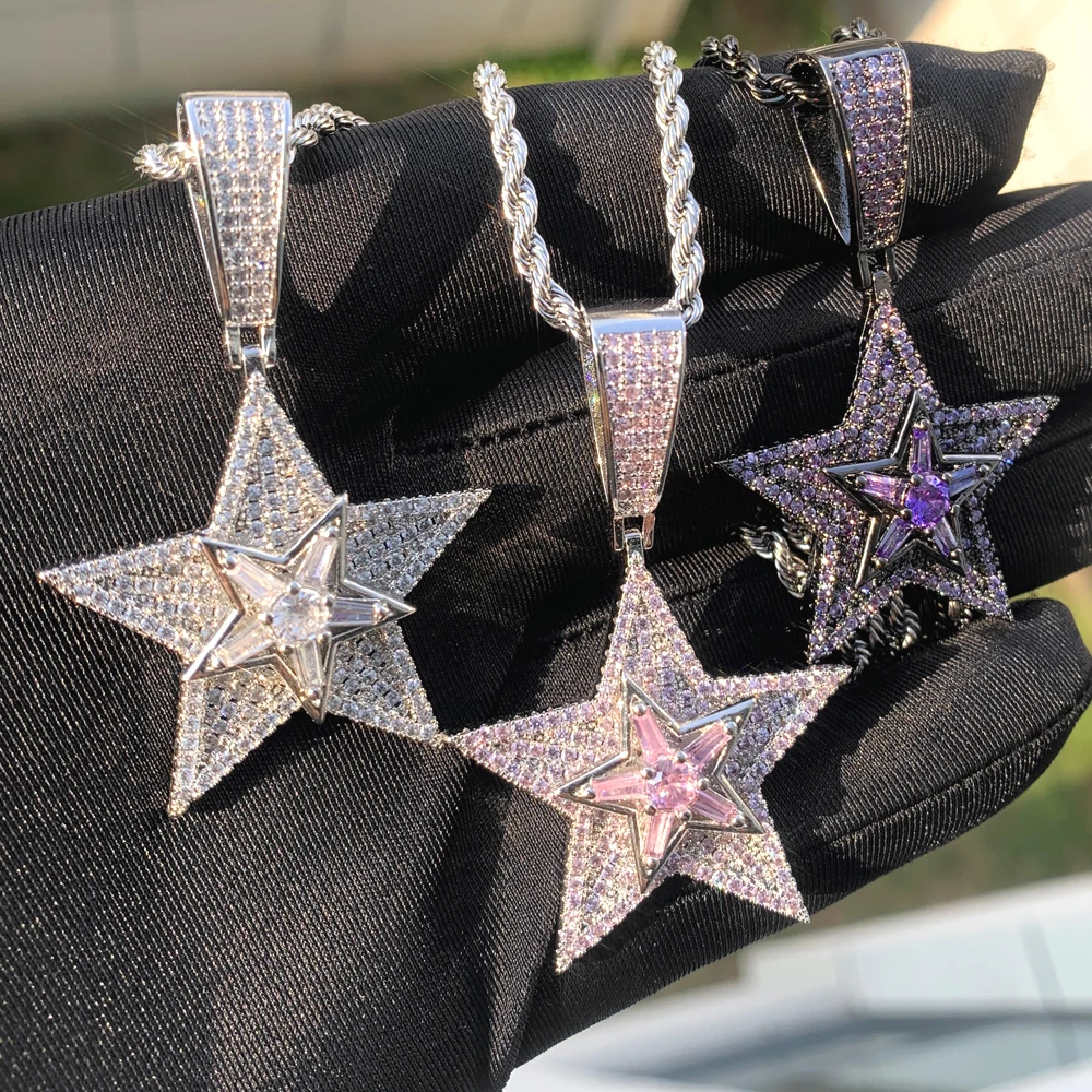 

New Rotatable Five Point Star Pendants Iced Out Bling Cubic Zirconia Multi Layers Spinning Charm Necklace Hip Hop Cool Jewelry