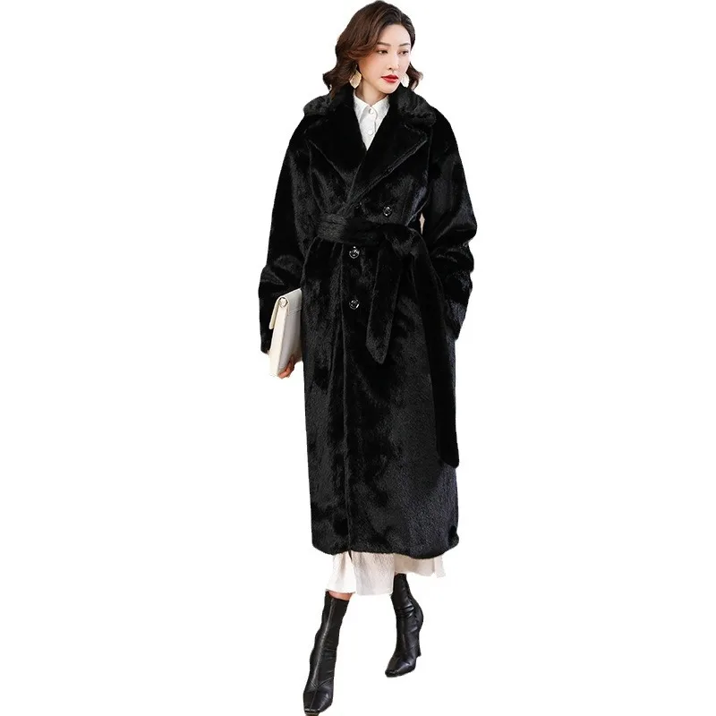 

Winter Women's Fur Black Coat Luxury Long Sleeve Quality Coat Thick Warm Turn-down Collar Jacket with Belt Pockets Maxi Size
