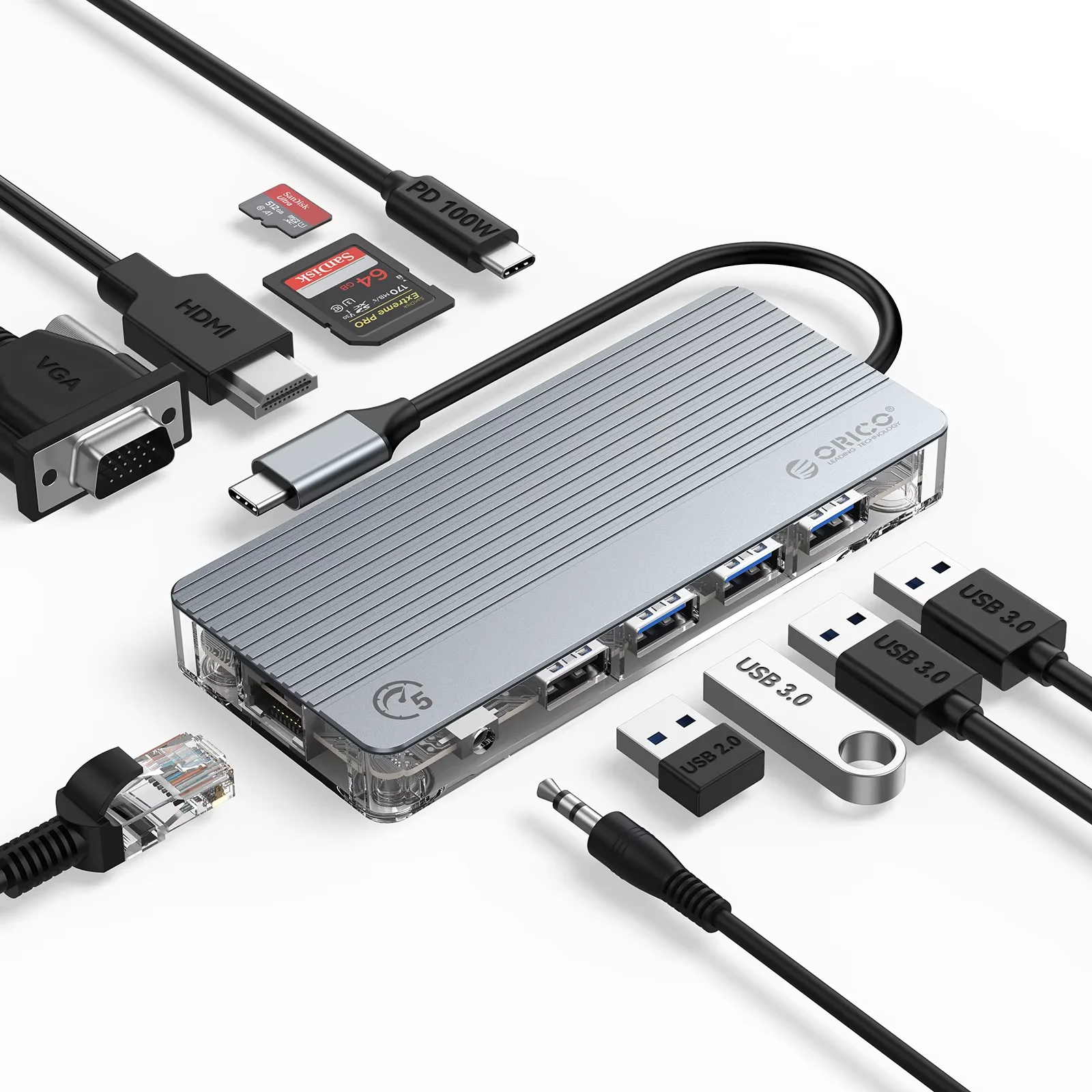 Orico WB USB Hub Type C to Multi USB 3.0 PD100W  RJ45 Splitter for PC MacBook Pro Accessories