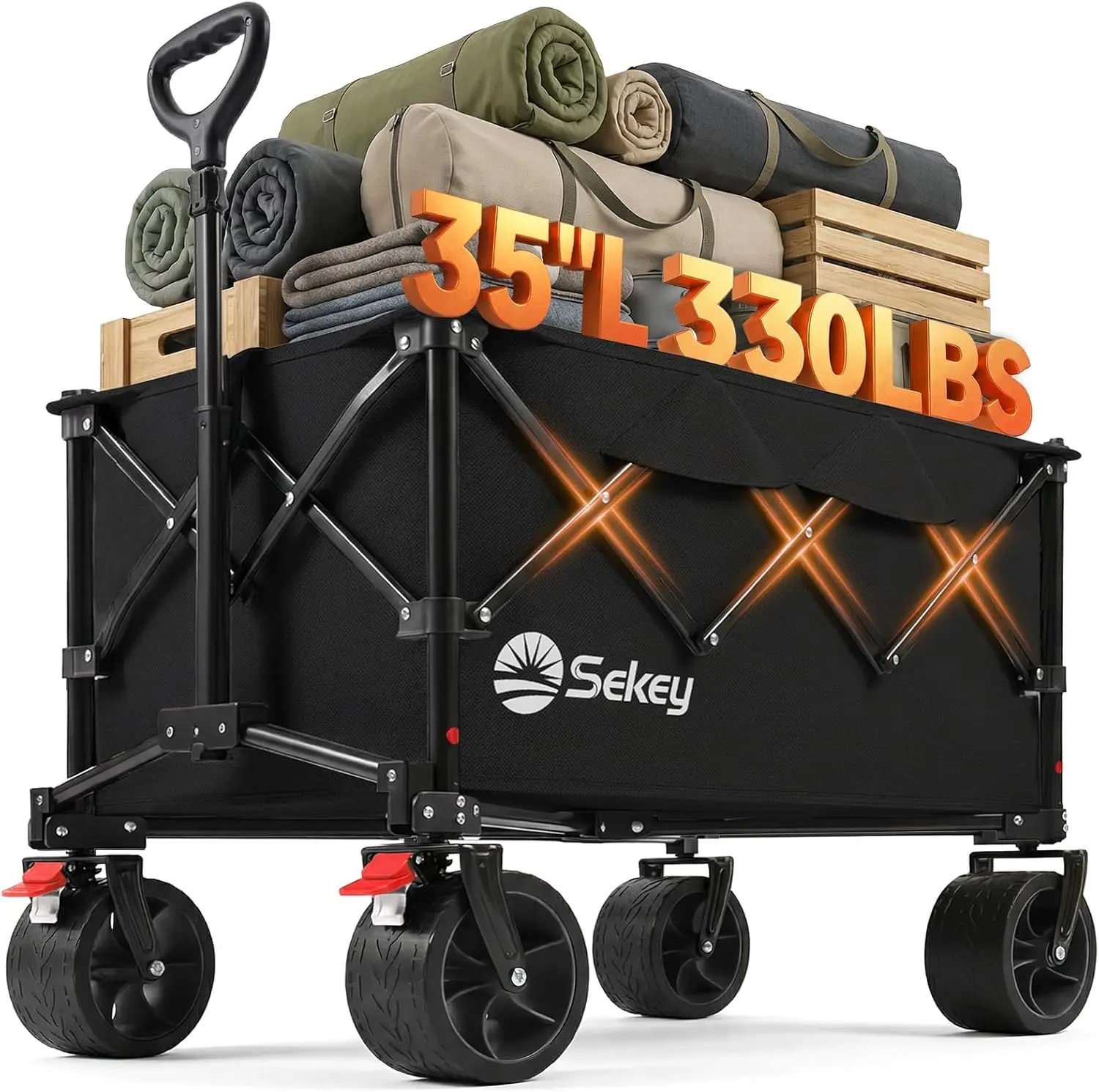 

Extra Large Folding Wagon with All-Terrain Wheels, Heavy Duty Collapsible Cart for Camping Garden Sports, 330LBS Capacity, Black