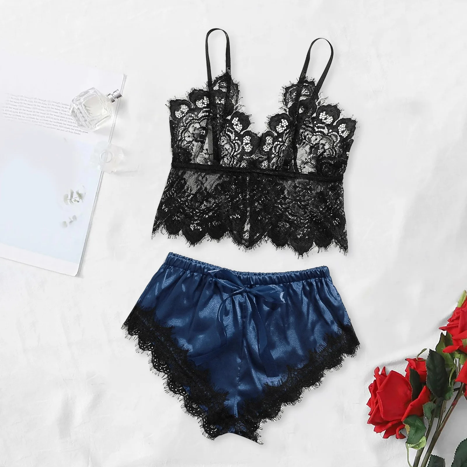 European and American large size fashion lace suspender shorts flirting fun lingerie pajamas two-piece suit women