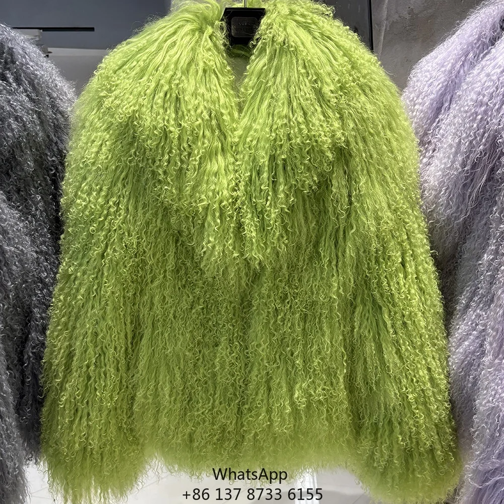 

2025 Autumn Fashion Women Fluffy Lamb Fur Coat Natural Bright Green Curly Sheep Fur Coat Women's Real Mongolian Fur Coat
