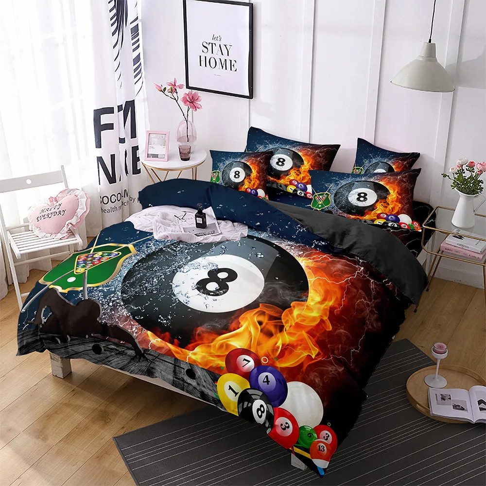 Billiards Duvet Cover Black 8 Ball with Fire Sports Games Theme Billiard Ball Bedding for Boys Girls Teens Bedroom Decorations