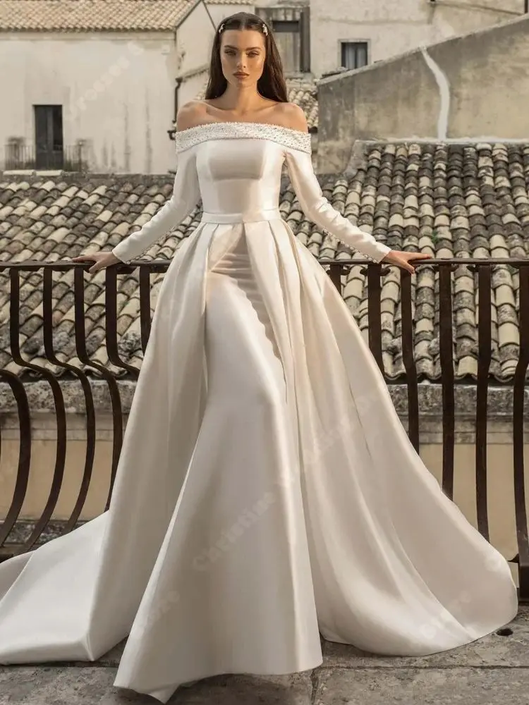 Vestidos de casamento brilhantes de cetim para mulheres, vestes formais para noiva, sereia elegante, convidado noturno, festa longa, verão, 2024