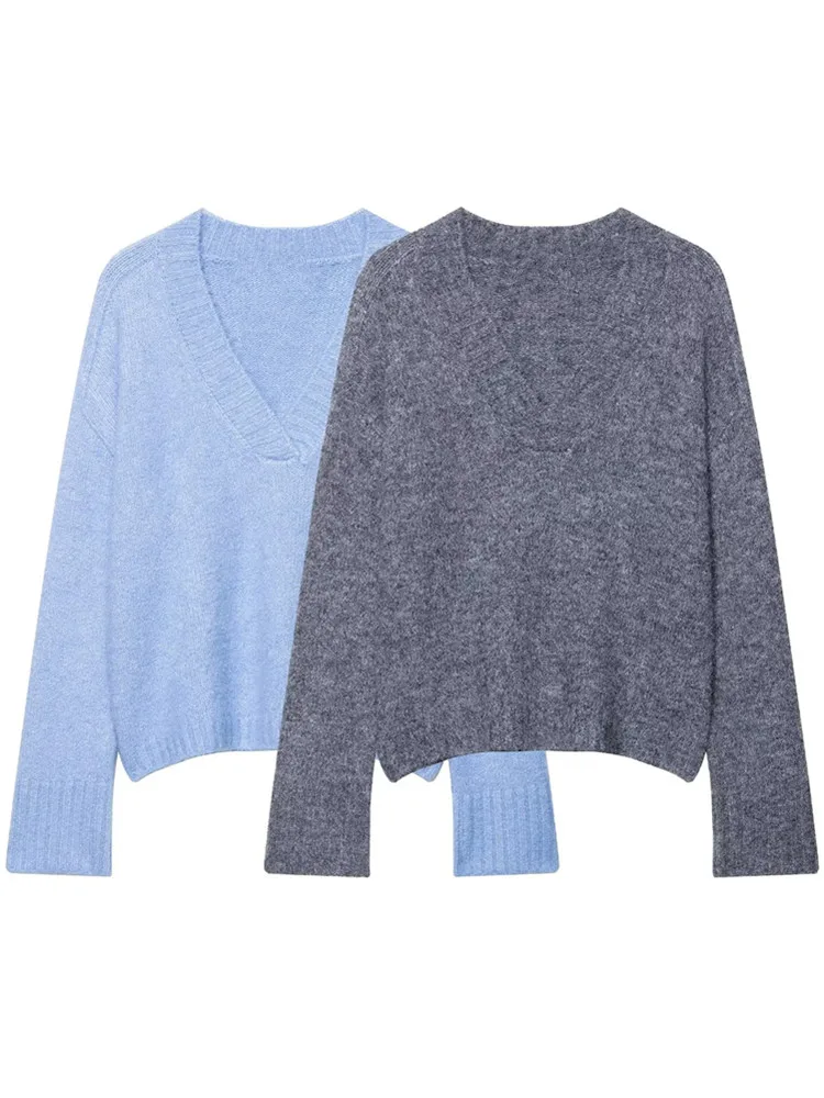 

Zevity Women Simply Solid Color V Neck Loose Knitting Sweater Female Chic Long Sleeve Casual Autumn Pullovers Coat Tops SW9497