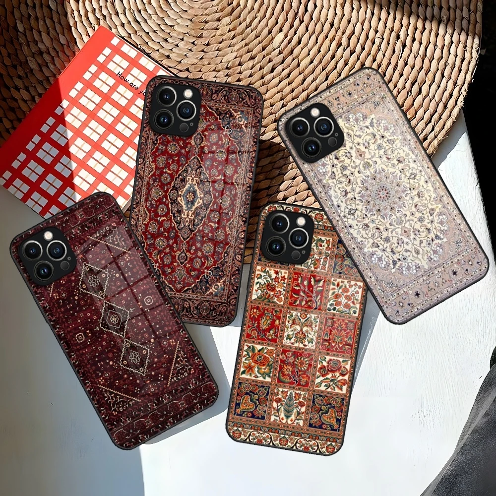 Persian Carpet Floral Pattern Phone Case For Iphone 16 15 14 12 11 13 Pro Max Mini X 8 Xr Xs 7 Puls Glass Cover