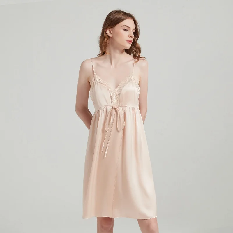 BirdTree, OEKO-TEX, 6A 19MM 100%Silk Pajamas Dresses, Women Plain Satin Lace Sling Dress, Elegant Homewear Nightdress D62205JF
