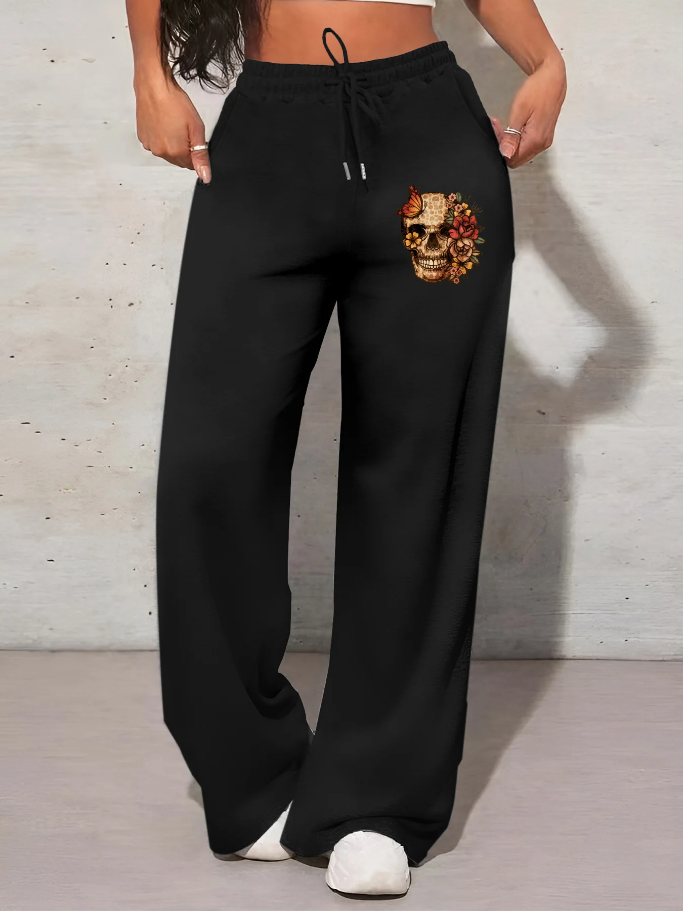 

Женские повседневные спортивные брюки в уличном стиле с принтом черепа, новинка весенней коллекции, флисовые, свободного кроя, оверсайз, для уличной моды