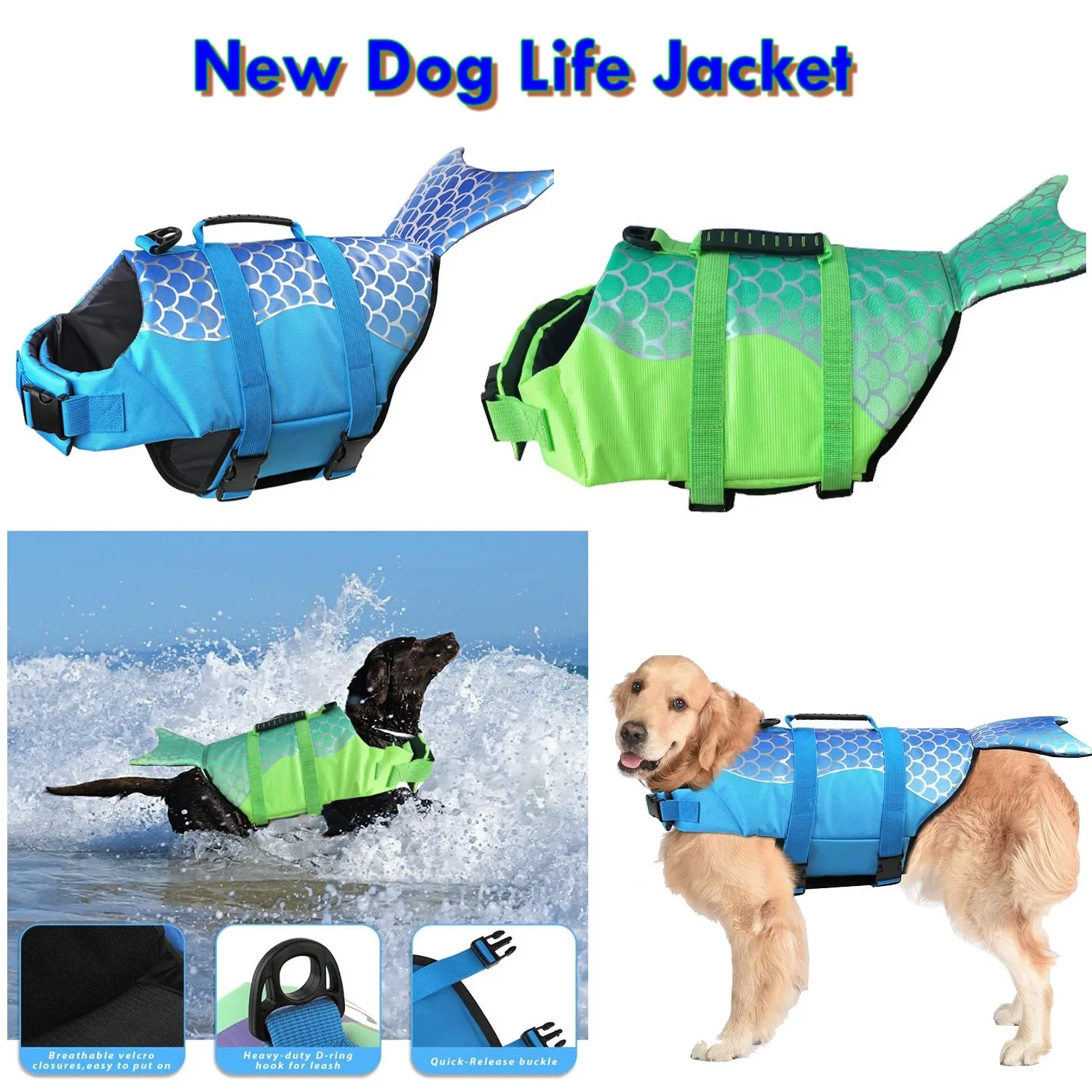 Pet Dog Life Jacket Vest Clothes Life Vest Collar Harness Dog Swimming Summer Swimwear Mermaid Blue Green Life jacket