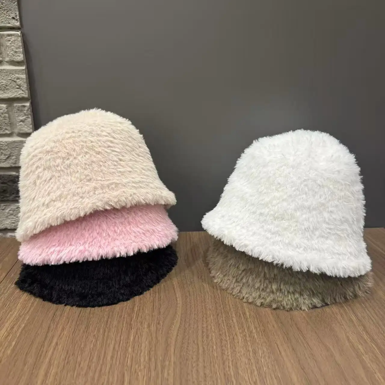 

﻿ Fluffy Faux Fur Kids Bucket Hat Winter Warm Plush Fisherman Hats For Girls Children Windproof Panama Solid Color Basin Cap