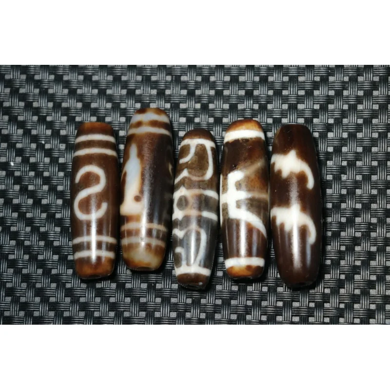 NO.3 Set of 5 PCS Energy Tibetan Top Old Agate Multiple Symbols dZi Bead Pendant