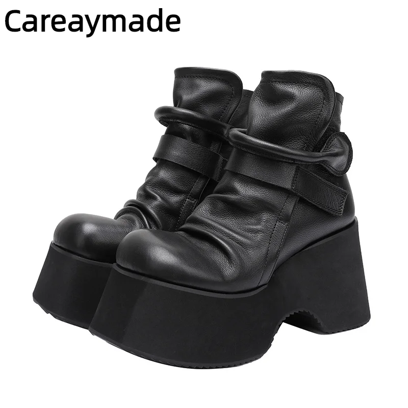 Careaymade-Genuine leather thick soled women's boots,winter&Spring wide version Casual sloping heel round toe warm short boots