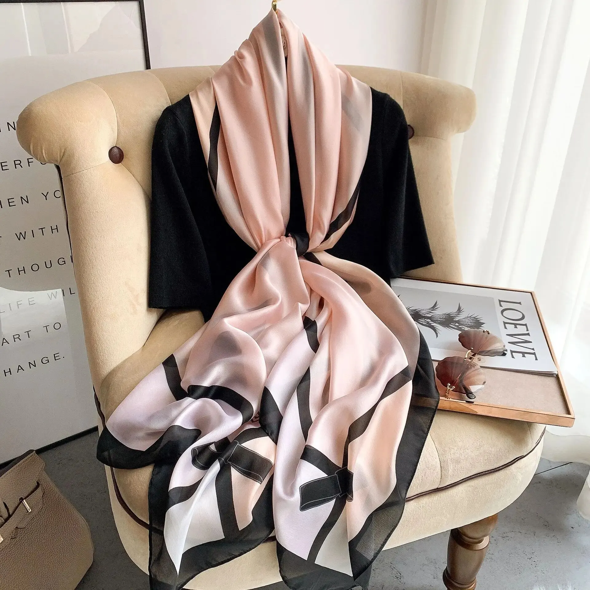 90*180cm Woman Silk Scarves Custom Printing Designer Luxury Satin Hijab Head Scarf for Women Long Shawls for Ladies