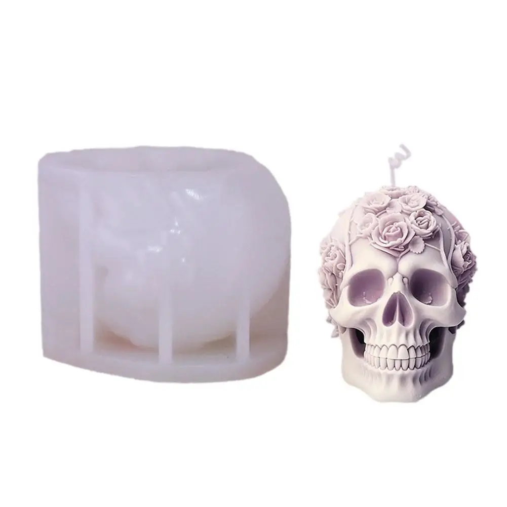 Moule à bougie 3D en silicone pour la décoration d'Halloween, fleur rose, tête de mort, plâtre en argile polymère, maison et bureau, Regina, J0A8