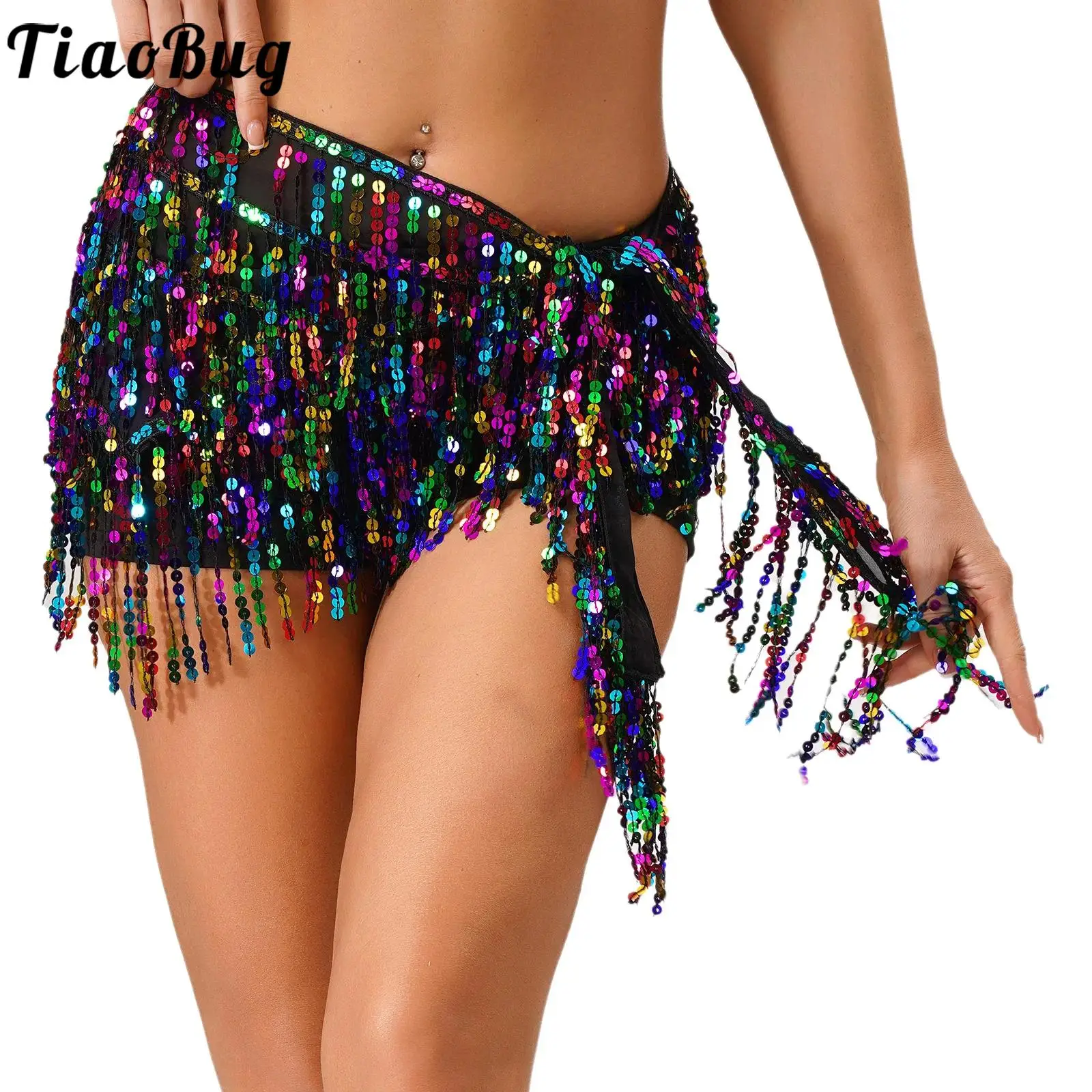 

Women Glittery Belly Dance Sequin Tassel Skirts Hip Scarf Tiered Fringe Wrap Skirt Waist Chain Jazz Latin Chacha Dance Costume