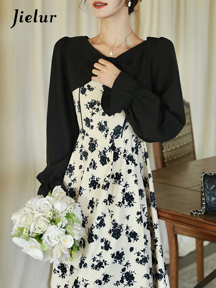 

Jielur Autumn New Slim Flower Dress Women Two Piece Slim Waist Chic A-Line Dress Female Retro Sweet Ladies Elegant Dress Woman