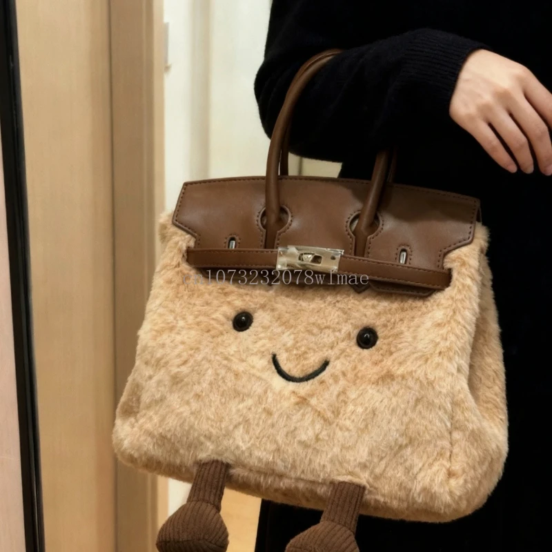 

Cute Cartoon Smile Plush Crossbody Bag for Women Faux Fur Tote Bag Fashion Versatile Commuter Shoulder Bag Autumn Winter Handbag