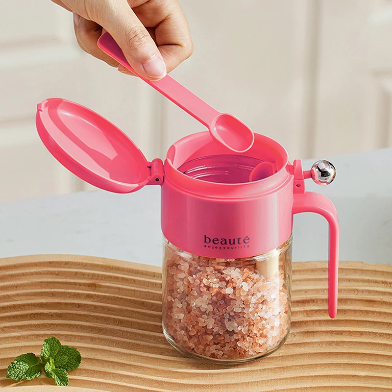 Seasoning Organizer Jars, Glass Containers, Airtight Lid Design, Built-In Spoon Dispenser, Spices Bottles For Pantry Drawer