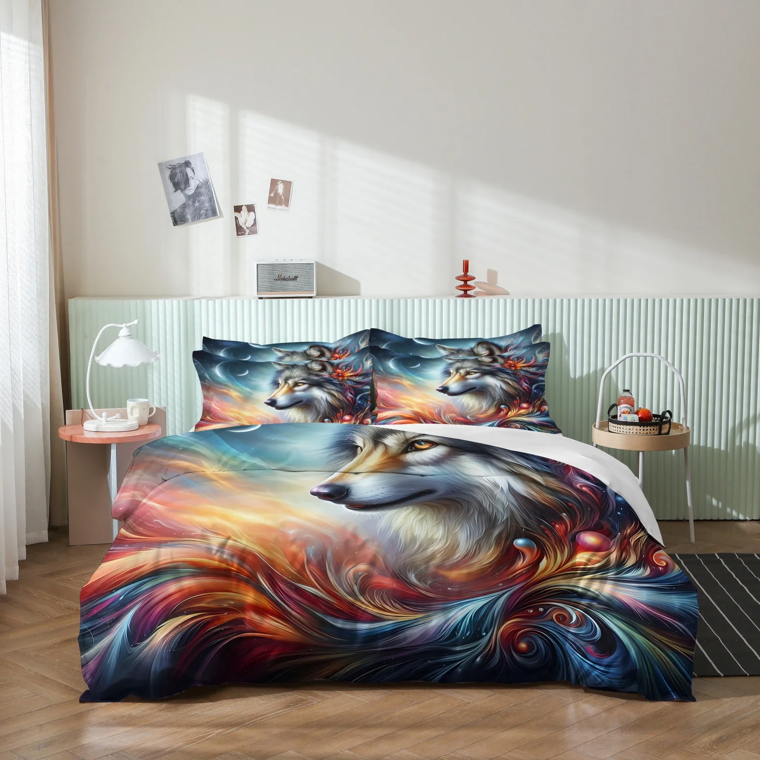Fantasy Color Swirl Galaxy Wolf Print Duvet Cover Set, 3Pcs Vibrant Nebula Starry Moon Wild Wolf Art Pattern Bedding