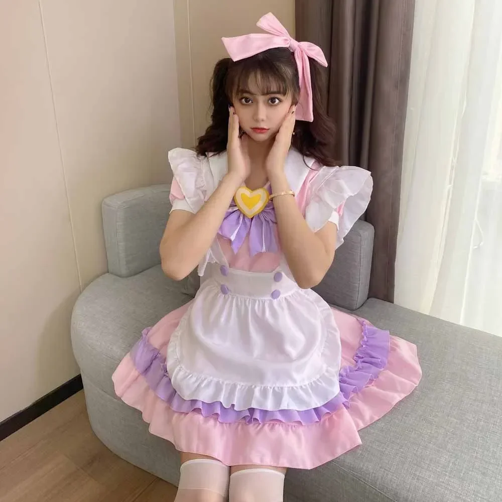 Pink Loli Sweet Maid Costume Cosplay Lolita Sexy Cute Maid Dress Role Play Halloween Anime Uniform Suit Japanese Cafe Outfit