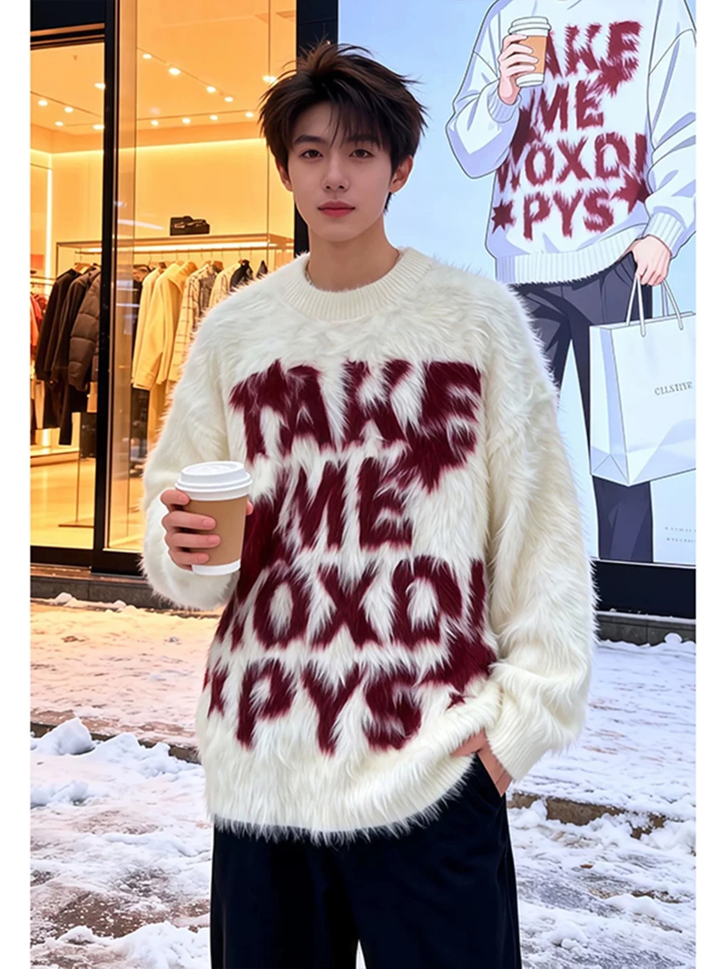 

Мягкий свитер с американским буквенным принтом, мужской зимний, модный, высококачественный, с круглым вырезом, из норкового вельвета, трикотажный, удобный, свободный...