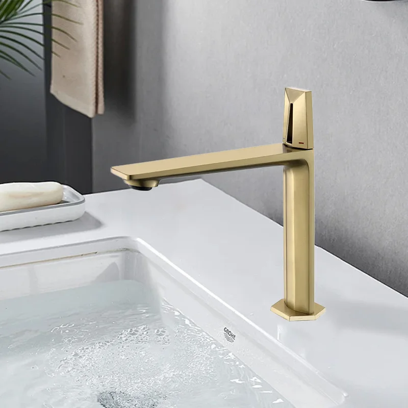 #￥Luxury Bathroom Faucet Deck Mounted Single Handle Wash Basin Faucet Brushed Gold Brass Vanity Faucet