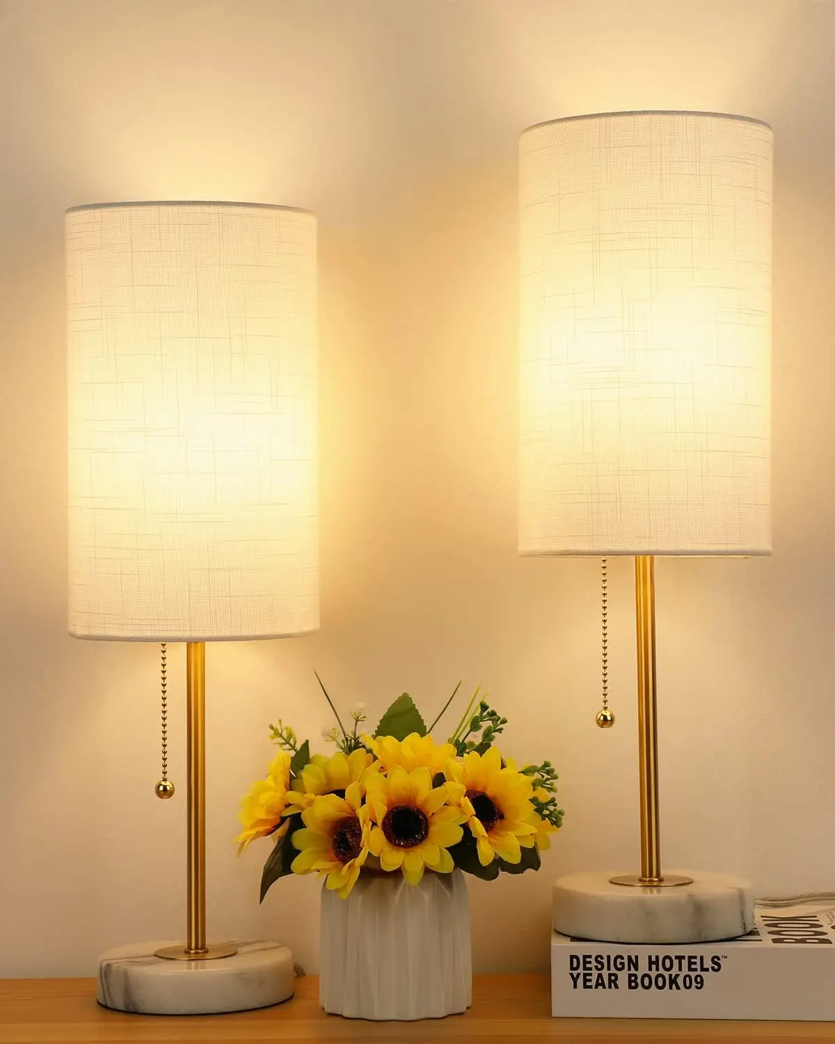 Set of 2 Gold Bedside Lamps, 3-Way Dimmable Nightstand Lamps with Marble Base & Linen Shade, 18.5 Inches Tall for Bedroom Living Room (Bulbs Included)
