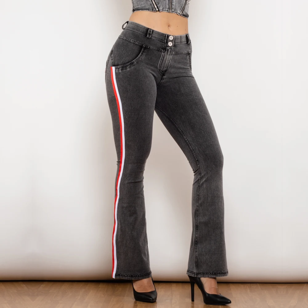 Shascullfites Grey Flare Lift Jeggings Mid-Waist Stretch Slim Fit Bell Bottom Jeans Pants with Stripe for Gym And Shaping
