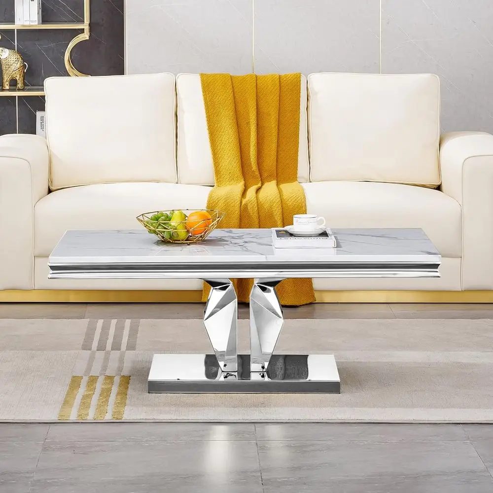 Eleganter rechteckiger Sofatisch mit weißer Marmorplatte und silberner verspiegelter Edelstahlsockel für Wohnzimmer oder Büro